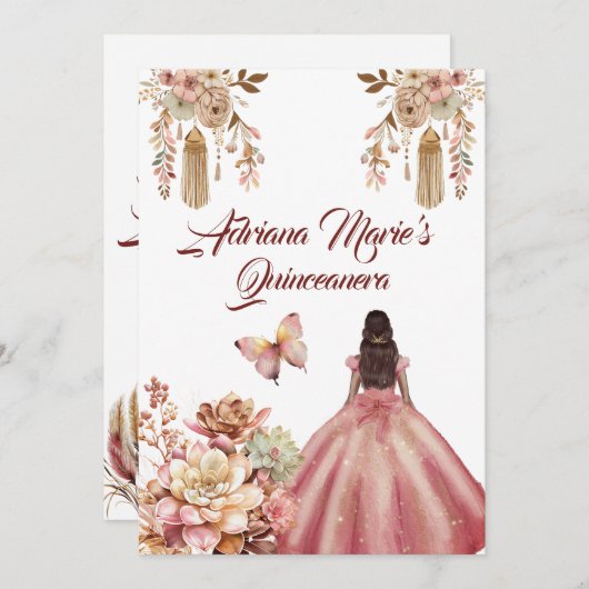 Blush Pink Boho Quinceanera Kaart (Voorkant / Achterkant)