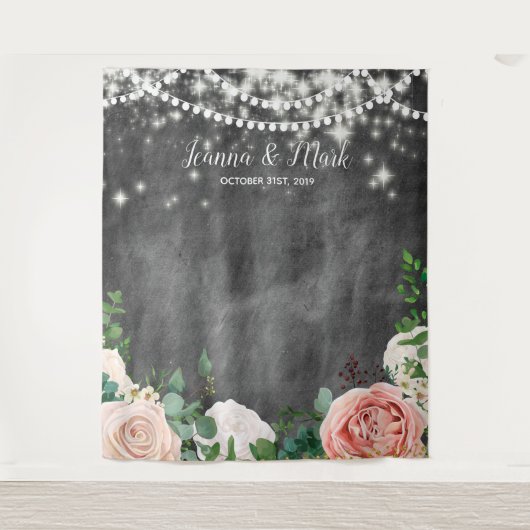 Blush Pink Boho Weddenschap Foto Booth Backdrop Wandkleed (Voorkant)