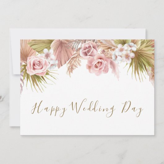 Blush Pink Boho Wildflower Theme Happy Wedding Day Kaart (Voorkant)