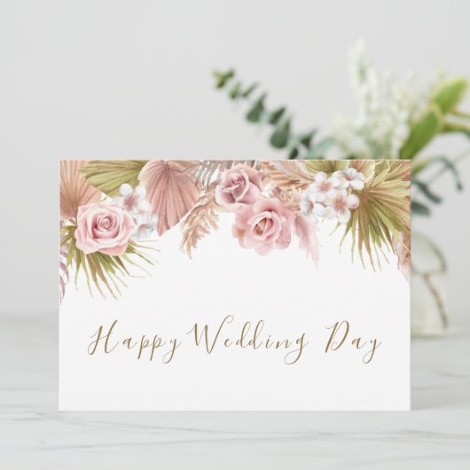 Blush Pink Boho Wildflower Theme Happy Wedding Day Kaart (Staand voorkant)