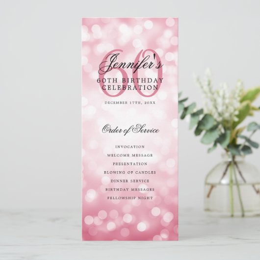 Blush Pink Bokeh 60e Verjaardagsprogramma met Menu Kaart (Staand voorkant)