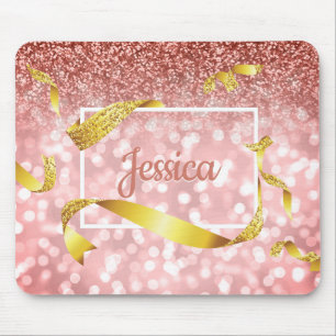 Blush Pink Bokeh Roos Gold Glitter Ribbons Naam Muismat