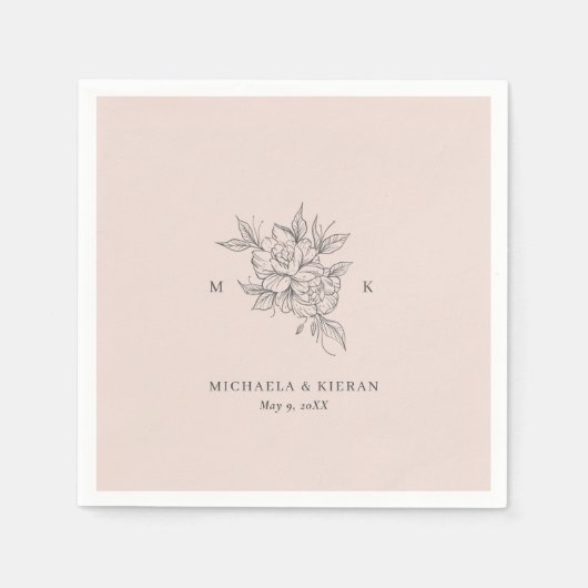 Blush Pink Botanical Monogram Elegant Huwelijk Servet (Voorkant)