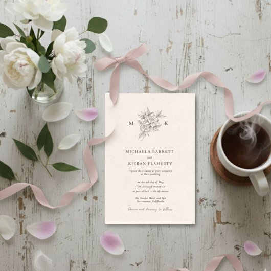 Blush Pink Botanical Monogram Wedding Invitation Kaart