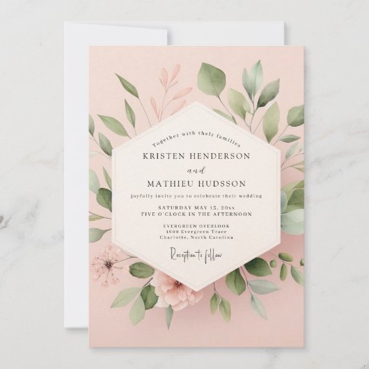 Blush Pink Botanical Romance Wedding Kaart (Voorkant)