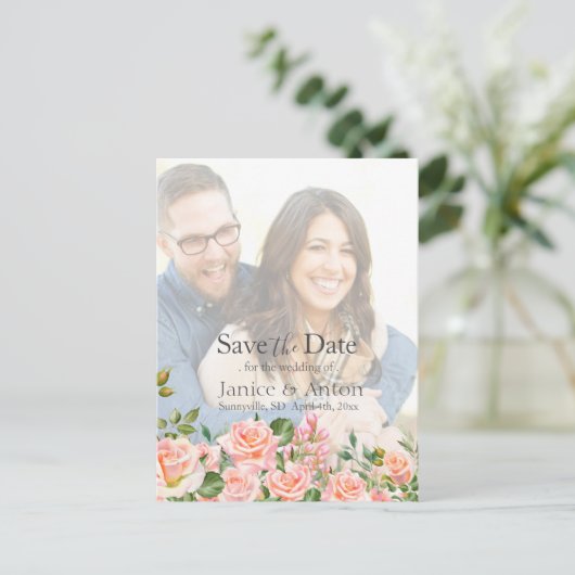 Blush Pink Botanical Save the Date Foto QR Code Briefkaart (Staand voorkant)