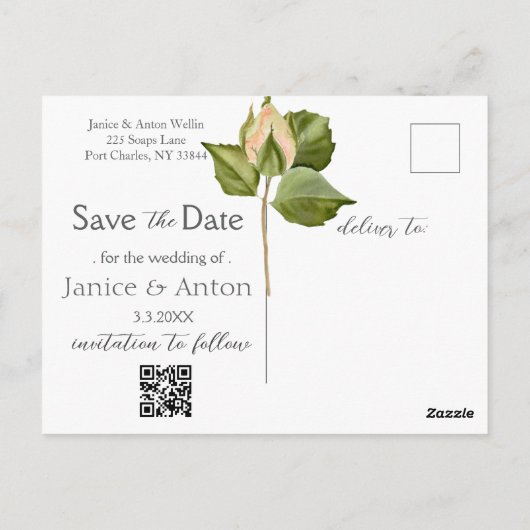 Blush Pink Botanical Save the Date Foto QR Code Briefkaart (Achterkant)