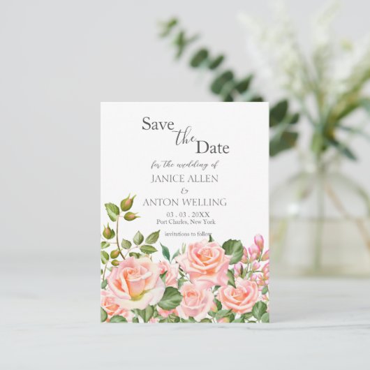 Blush Pink Botanische bruiloft Bewaar de datum Briefkaart (Staand voorkant)