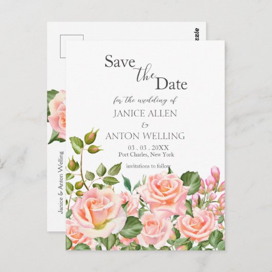 Blush Pink Botanische bruiloft Bewaar de datum Briefkaart (Voorkant / Achterkant)