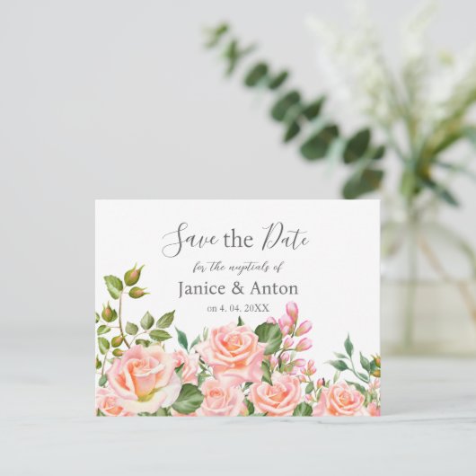 Blush Pink Botanische bruiloft Bewaar de datum Briefkaart (Staand voorkant)