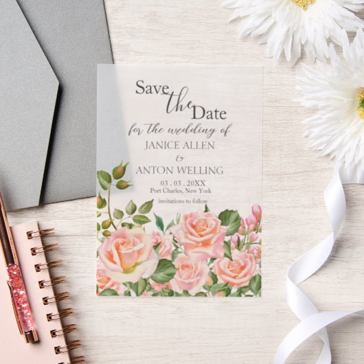 Blush Pink Botanische bruiloft Bewaar de datum Vellum Uitnodigingen (Huwelijk)
