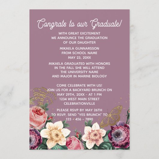  Blush Pink Botanische Floral Boho Afstuderen Aankondiging (Achterkant)