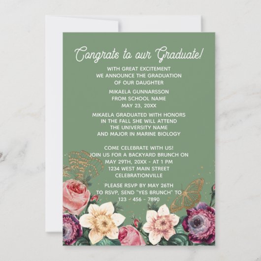  Blush Pink Botanische Floral Boho Afstuderen Aankondiging (Achterkant)