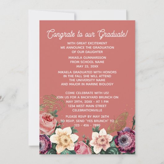  Blush Pink Botanische Floral Boho Afstuderen Aankondiging (Achterkant)