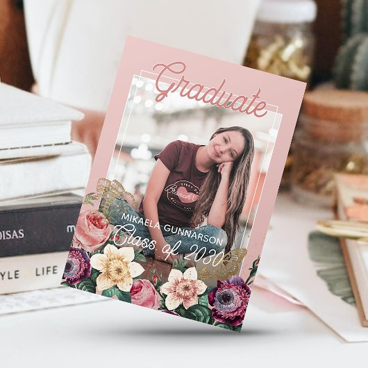  Blush Pink Botanische Floral Boho Afstuderen Aankondiging
