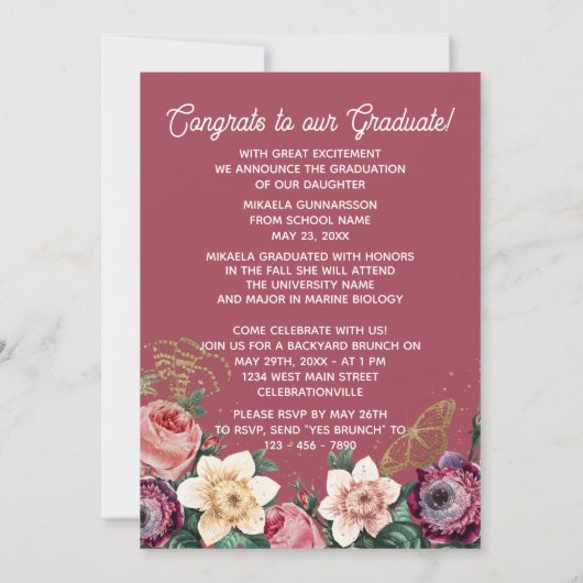 Blush Pink Botanische Floral Boho Afstuderen Aankondiging (Achterkant)