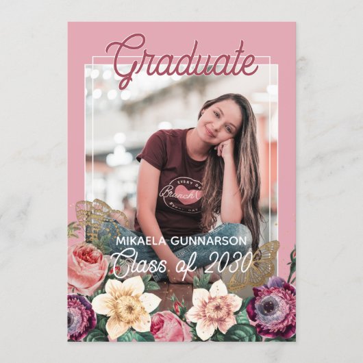  Blush Pink Botanische Floral Boho Afstuderen Aankondiging (Voorkant)