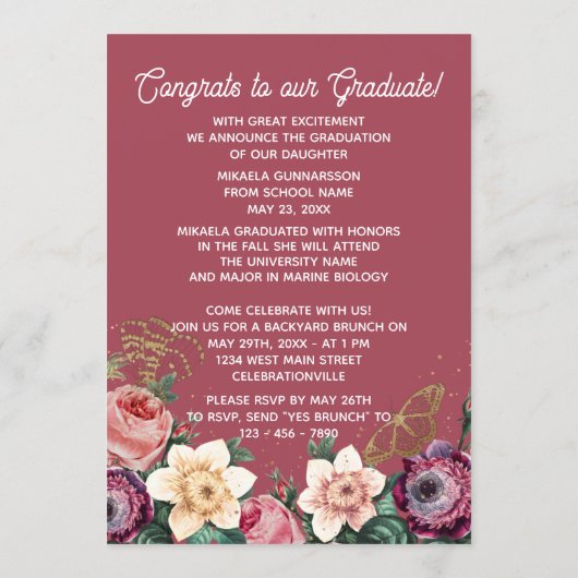  Blush Pink Botanische Floral Boho Afstuderen Aankondiging (Achterkant)