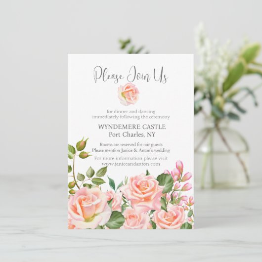 Blush Pink Botanische QR Code Huwelijk Informatiekaartje (Staand voorkant)