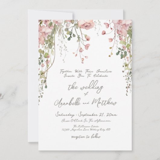 Blush Pink Botanische Waterverf Wildflower Wedding Kaart (Voorkant)