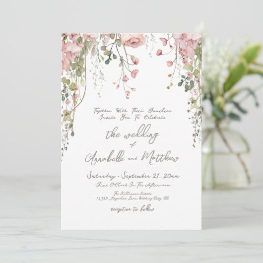 Blush Pink Botanische Waterverf Wildflower Wedding Kaart (Staand voorkant)