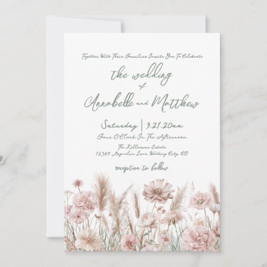 Blush Pink Botanische Wildflowers Boho Wedding Kaart (Voorkant)