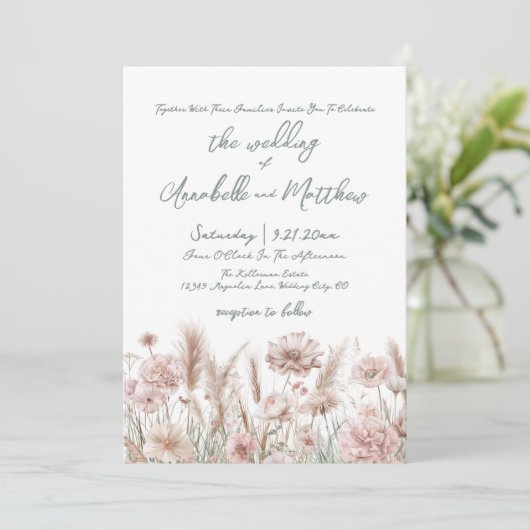 Blush Pink Botanische Wildflowers Boho Wedding Kaart (Staand voorkant)