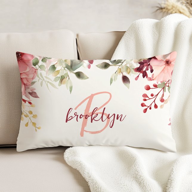 Blush Pink Bourgogne Floral Script Monogram Accent Kussen (Creator heeft geüpload)