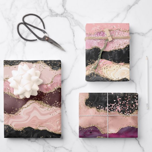 Blush Pink Bourgogne Goud Zwart Glitter Inpakpapier Vel (Voorkant)