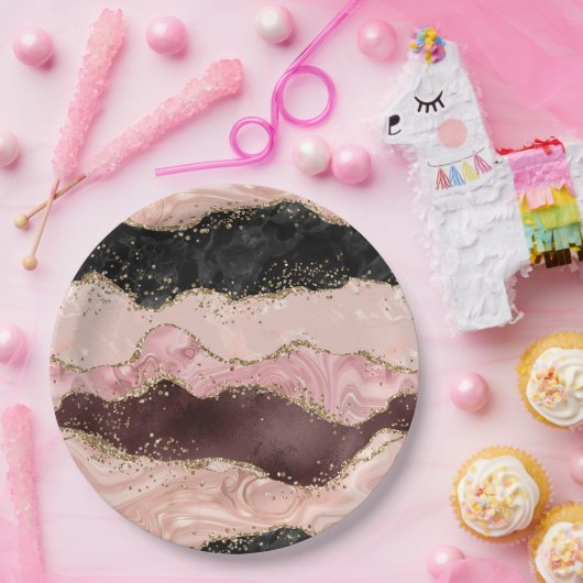 Blush Pink Bourgogne Goud Zwart Glitter Papieren Bordje (Feest)