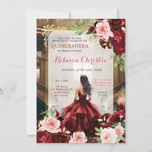 Blush Pink Bourgogne Red Floral Quinceañera Kaart (Voorkant)