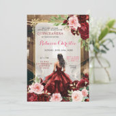Blush Pink Bourgogne Red Floral Quinceañera Kaart (Staand voorkant)