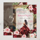 Blush Pink Bourgogne Red Floral Quinceañera Kaart (Voorkant / Achterkant)