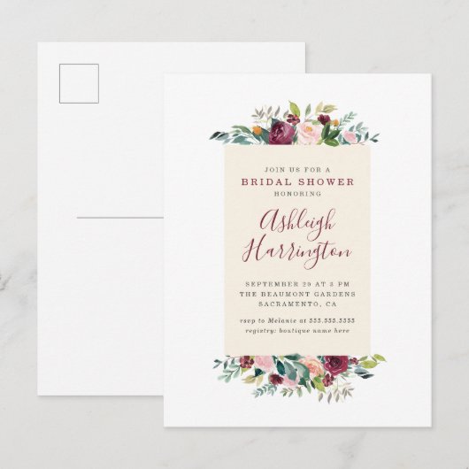 Blush Pink & Bourgogne Red Floral Vrijgezellenfees Uitnodiging Briefkaart (Voorkant / Achterkant)