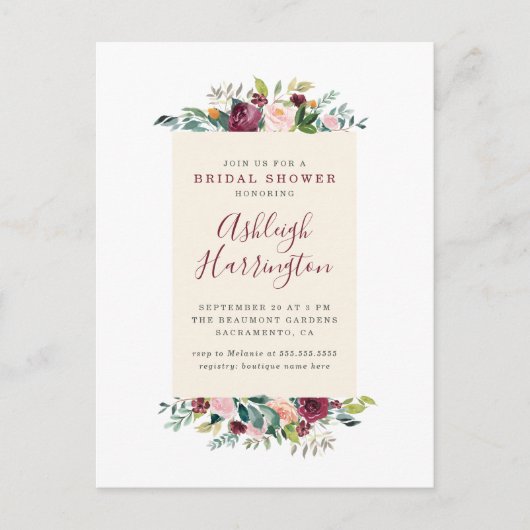 Blush Pink & Bourgogne Red Floral Vrijgezellenfees Uitnodiging Briefkaart (Voorkant)