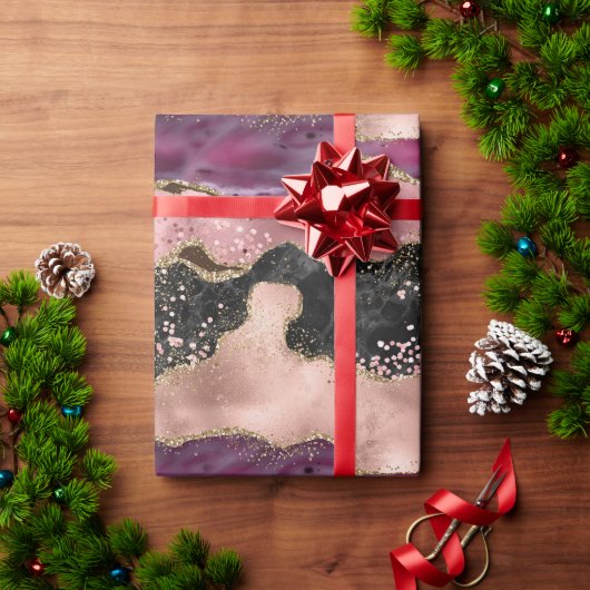 Blush Pink Bourgogne Wijn Goud Zwart Glitter Cadeaupapier (Feestdagen Geschenken)