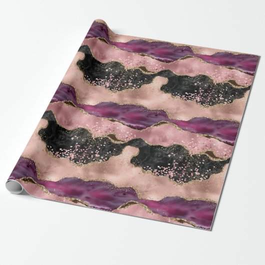 Blush Pink Bourgogne Wijn Goud Zwart Glitter Cadeaupapier (Uitgerold)