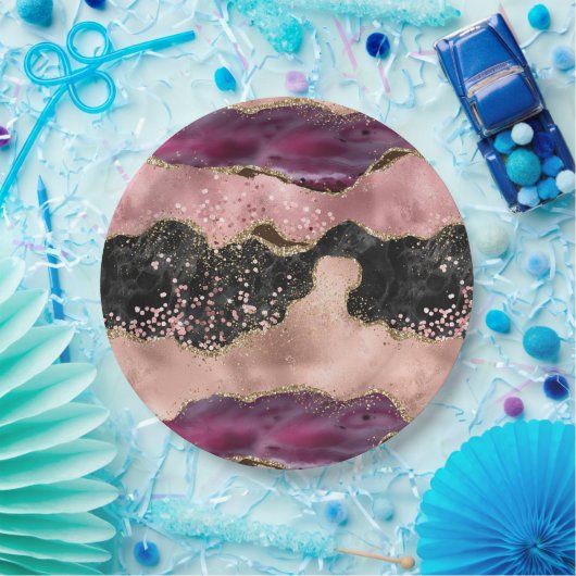 Blush Pink Bourgogne Wijn Goud Zwart Glitter Papieren Bordje (Feest)