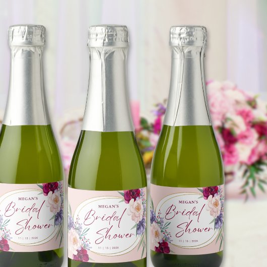 Blush Pink & Bourgondië Bloom Vrijgezellenfeest Sparkling Wijnetiket