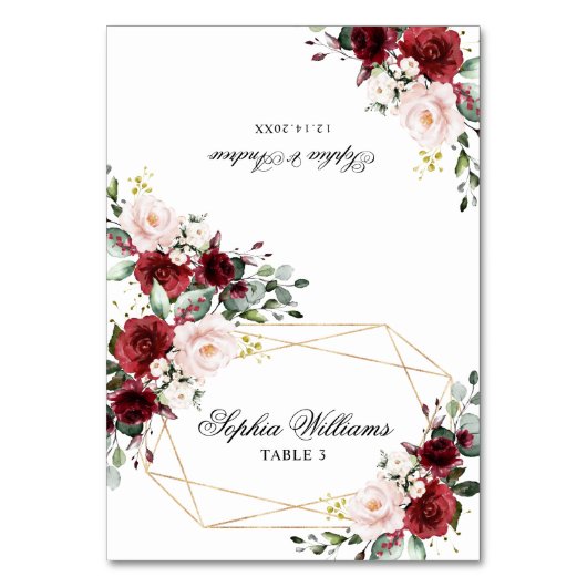 Blush Pink & Bourgondië Roos Wedding Place Card Kaart (Voorkant)
