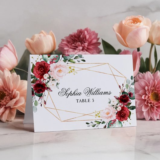 Blush Pink & Bourgondië Roos Wedding Place Card Kaart