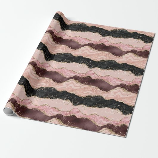 Blush Pink Bourgondië Zwart Glitzy Glitter Cadeaupapier (Uitgerold)