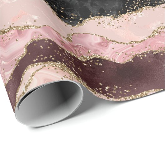 Blush Pink Bourgondië Zwart Glitzy Glitter Cadeaupapier (Rol Hoek)