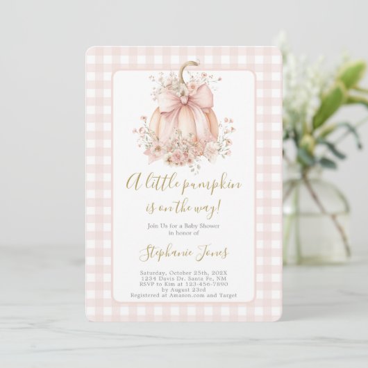 Blush Pink Bow A Little Pumpkin Baby Shower girl Kaart (Staand voorkant)