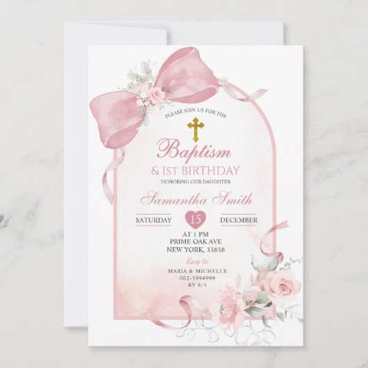 Blush Pink Bow Arch eerste verjaardag en doop Kaart (Voorkant)