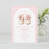 Blush Pink Bow Baby Schoenen Gingham Arch Baby sho Kaart (Staand voorkant)