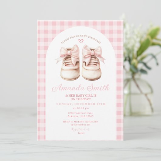 Blush Pink Bow Baby Schoenen Gingham Arch Baby sho Kaart (Staand voorkant)