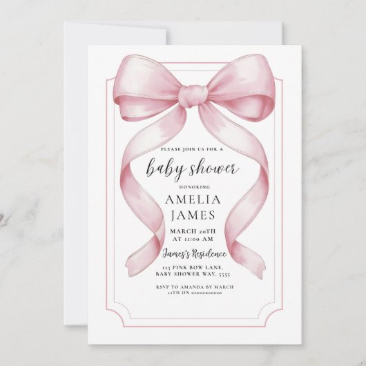 Blush Pink Bow Baby shower Invitation bewerkbaar Kaart (Voorkant)