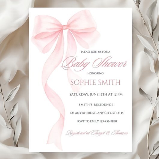 Blush Pink Bow Baby shower Invitation bewerkbaar Kaart