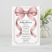 Blush Pink Bow Baby Shower Invitation Editable Ele Kaart (Staand voorkant)